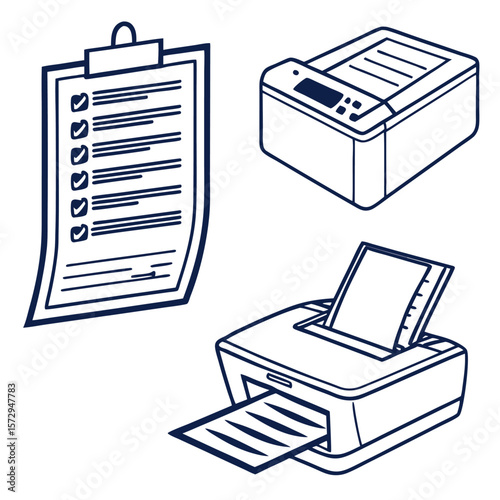 Illustration of a clipboard with checklist, a scanner, and a printer with paper output displayed