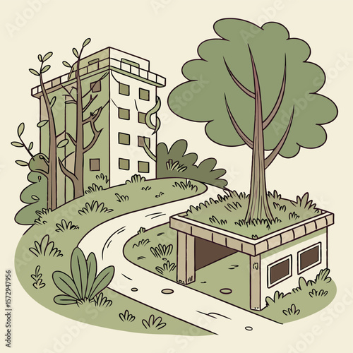 Illustration of a building with trees and a path leading to a structure with a tree on top