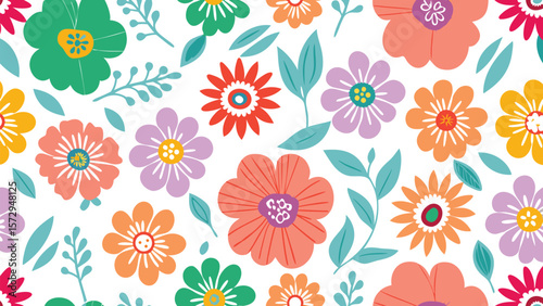 A colorful floral pattern with various flowers and leaves scattered on a white background creating a vibrant scene