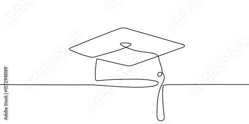 Hat line cap study college education continuous icon illustration university student. Cap school hat one outline vector hand linear book certificate graduate silhouette academy tassel degree grad day.