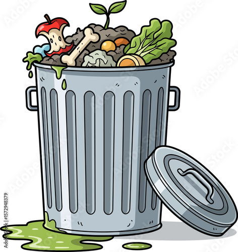 A Metal Trash Can Overflowing with Decomposing Organic Waste and Liquids Leaking onto the Ground
