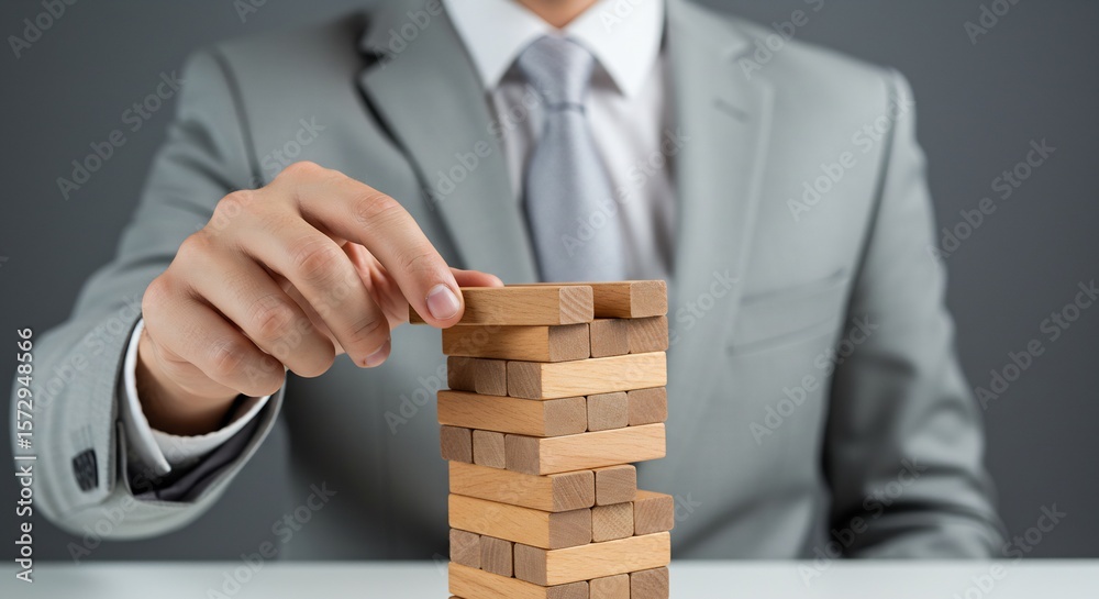 Businessman Carefully Placing Wooden Block on Stacking Tower Game, Strategy and Risk Management Concept Businessman Carefully Placing Wooden Block on Stacking Tower Game, Strategy and Risk Management Concept