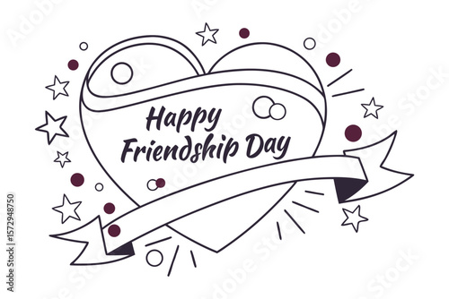 A hand drawn outline of a heart with a banner proclaiming happy friendship day surrounded by stars and polka dots