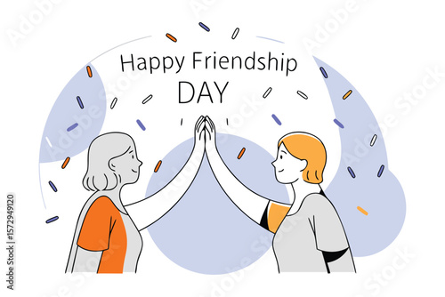 Two smiling friends celebrating happy friendship day with a high five and colorful confetti falling around them