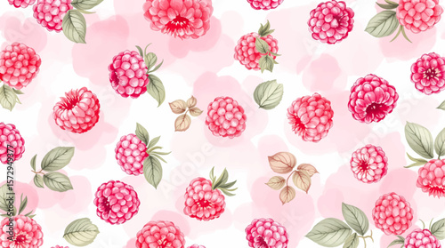 Watercolor pattern featuring raspberries white background