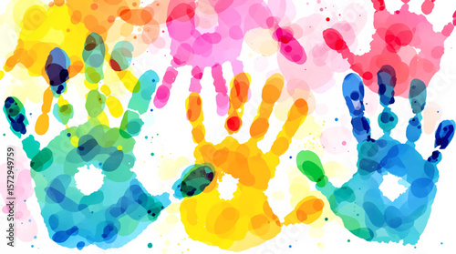 Children seamless pattern colored of hand print. Colorful kid handprint background. 