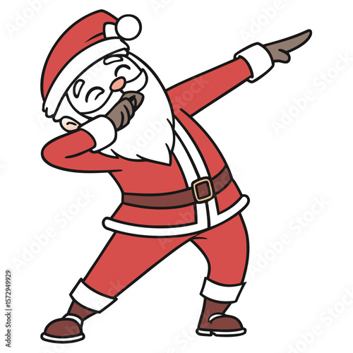 Illustration of santa claus in red suit dabbing with a white beard and hat on a plain background