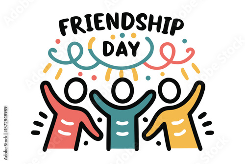 Three diverse friends celebrating friendship day with colorful confetti and festive streamers overhead in a joyful illustration