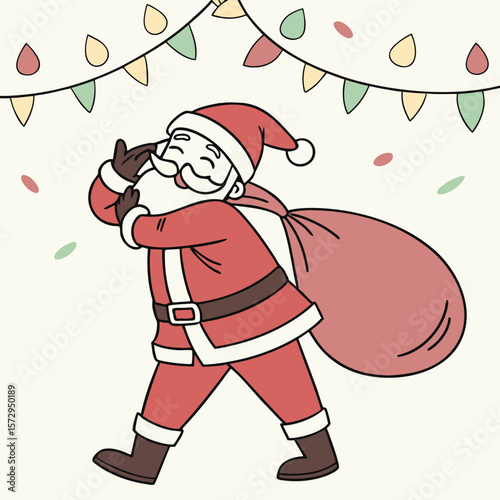 Cartoon santa claus walking with a sack under christmas lights with a happy expression on his face
