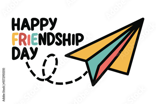 Happy friendship day message with a colorful paper airplane soaring through the sky leaving a dashed line trail