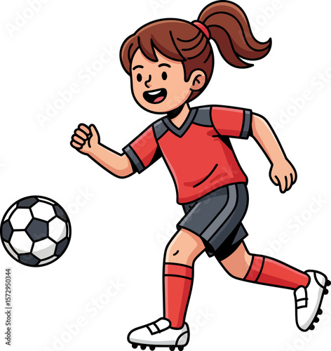 Excited Young Girl Energetically Playing Soccer on a Field Kicking the Ball Around