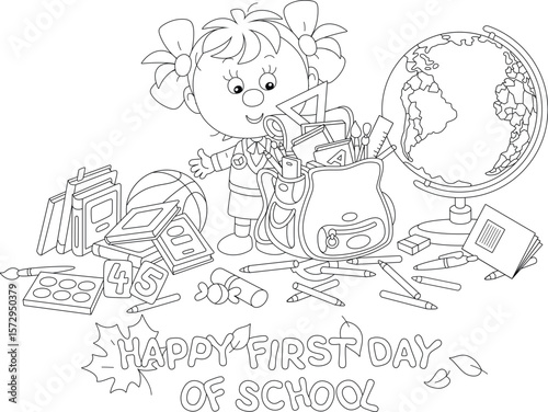 Greeting card with a funny little schoolgirl first grader before start of classes, completing her schoolbag with textbooks, exercise books, rules, pencils and pens, vector cartoon illustration