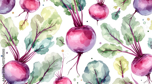 Watercolor Beet Seamless Pattern on White Background with Leafy Greens