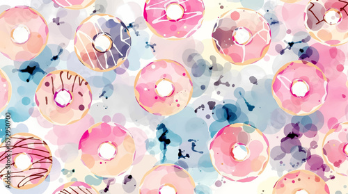 Watercolor background pattern donuts on white background