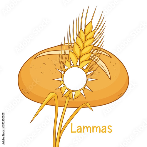 Wheat sheaf with sun symbol on golden bread for wiccan holiday Lammas  