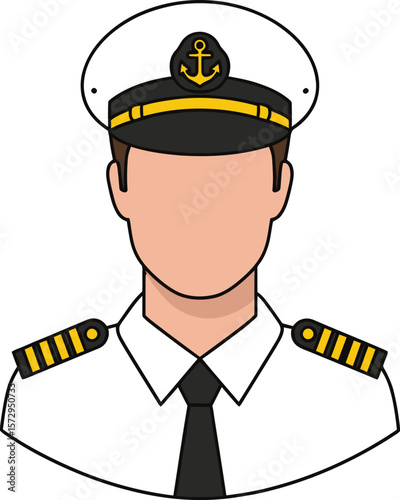 Illustration of a male sea captain wearing a white uniform with gold stripes on the shoulders and a black tie