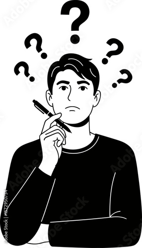 A thoughtful man ponders life's mysteries with questions surrounding his head symbolizing deep thinking and contemplation