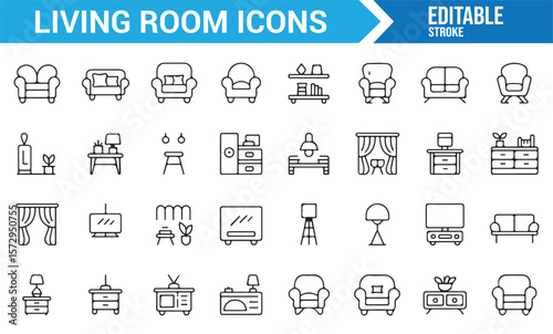 Set of Living Room Furniture Icons for Comfortable Home Design and Decoration