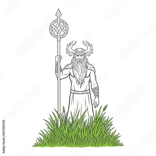 Mythical figure holding a spear standing in tall grass, concept of wiccan holiday llamas  