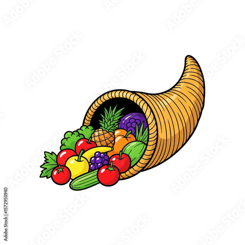 Cornucopia filled with colorful fruits and vegetables symbolizing Lammas  