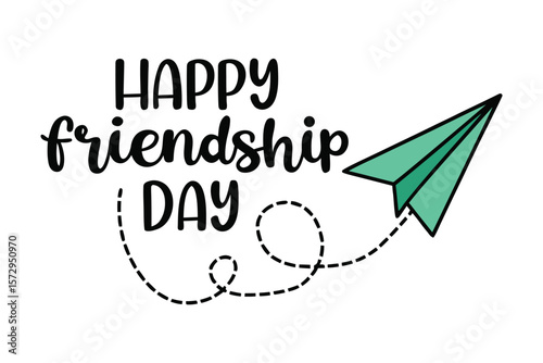 Happy friendship day message with a green paper airplane soaring through a dotted line path