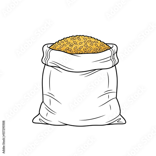 Bag of yellow grains filled with rice on white background  