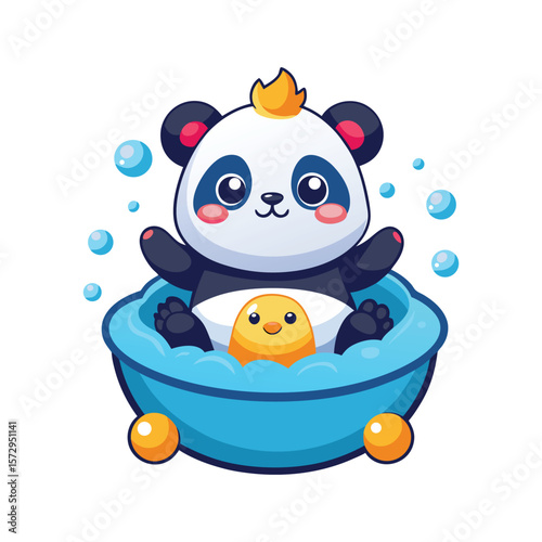 Cute Panda Relaxing in a Bubble Bath with Rubber Duck on Head – Adorable Vector Art for Kids and Decor