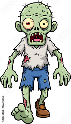 A Grotesque Undead Creature with Green Skin and Ripped Clothing Stumbling Forward in a Horrifying Manner