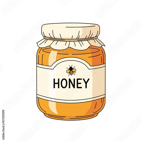 Honey jar with label and cloth lid on white background  