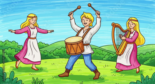 Young boy playing drum alongside two girls dancing in nature, concept of wiccan holiday llamas  
