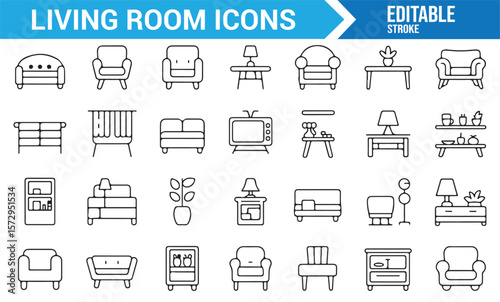 Set of Sofa, Chair, Table, Lamp, and TV Icons for Living Room Layouts