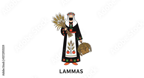 Woman in traditional dress holding wheat and basket for Lammas  