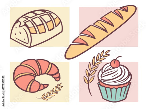 A diverse vector set illustrating various delicious baked goods, including bread, pastries, and sweet desserts, perfect for food and bakery designs