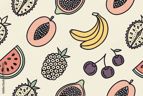 Bold line vector fruits including banana, cherry, papaya, passion fruit, and mangosteen. Uses muted color palette and vintage pattern style on cream background.