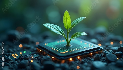 A green plant grows from a microchip set in dark soil among small rocks