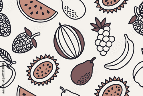 Hand-drawn seamless pattern featuring tropical fruits like durian, watermelon, grapes, and dragon fruit. Black and white vector EPS, ideal for coloring books or textile design.