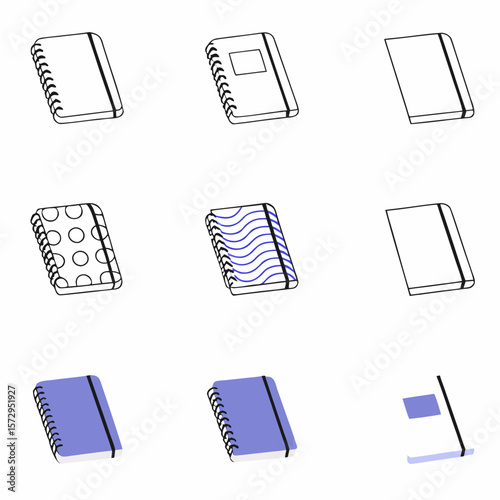 Minimalist notebook icons in a flat design with different binding styles. Ideal for UI/UX, digital planners, or educational design sets.