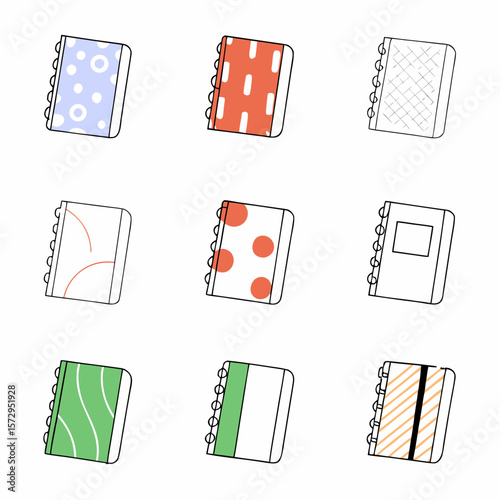 A set of spiral and bound notebooks in various colors and patterns. Simple and versatile for school-themed or office-related vector collections.