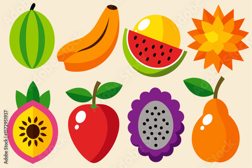 A fresh and vibrant cartoon collection of fruits like bananas, watermelon, grapes, and more on a cream background. Great for food blogs, kids’ menus, or health content.