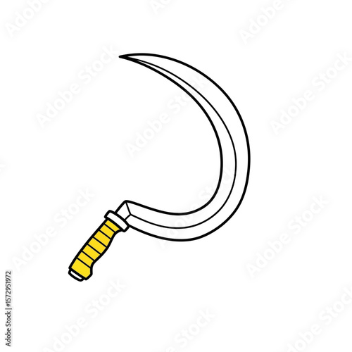 Agricultural sickle with a yellow handle on white background  