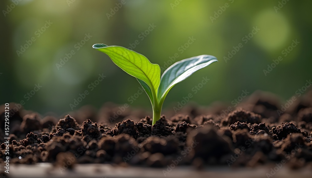 A small plant sprouts from dark soil illuminated against a blurred green backdrop A small plant sprouts from dark soil illuminated against a blurred green backdrop