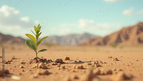 A small green plant grows from the parched earth set against a desert landscape and blue sky