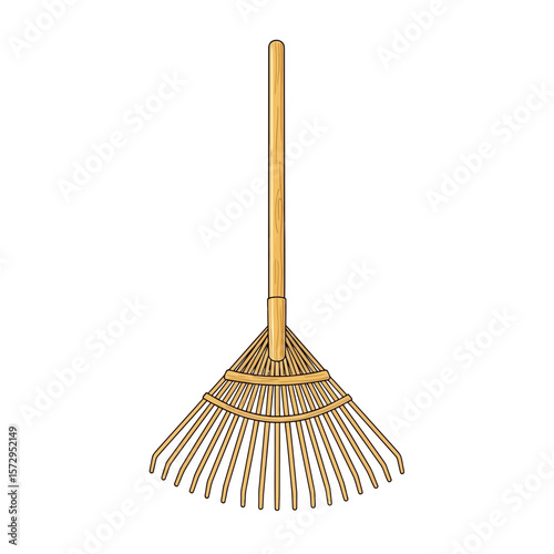 Wooden garden rake with a long handle in a minimalist style  