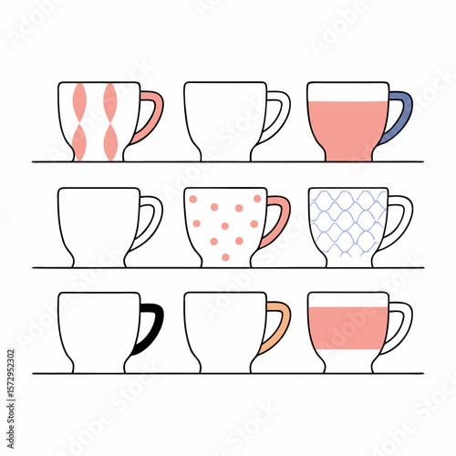 Cute flat vector of coffee mugs with various patterns arranged on a shelf. Perfect for kitchen graphics, lifestyle branding, or cozy morning-themed designs.