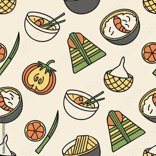 Seamless vector pattern of iconic Thai dishes like Tom Yum, Pad Thai, and Thai curry. Perfect for restaurant branding, food packaging, and culinary design.
