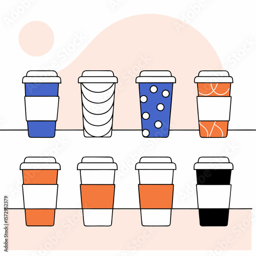 Stylized vector collection of takeaway coffee cups with creative background shapes. Ideal for coffee shop branding, lifestyle visuals, and modern menus.