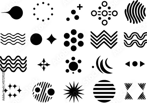 Minimalist black vector elements including wavy lines, shaded circles, and elliptical shapes. Perfect for modern design, UI elements, and creative backgrounds.