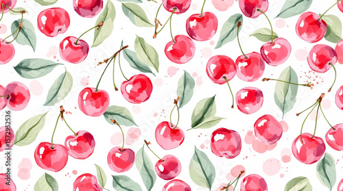 Watercolor red cherries on white background seamless vector pattern
