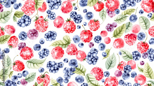 Delicate watercolor berries pattern with soft colors on white background