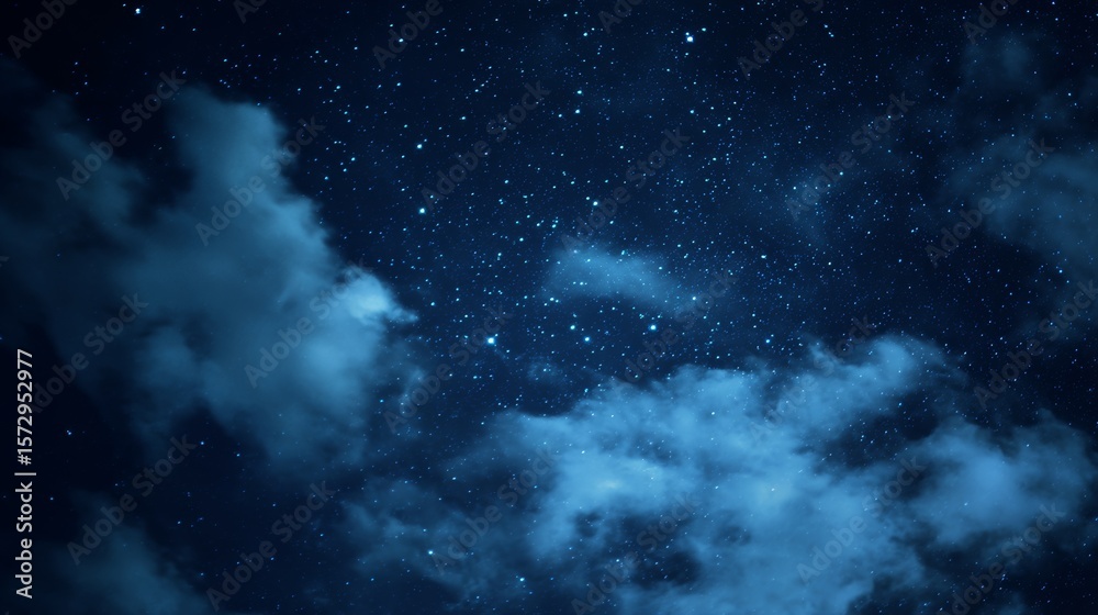 Fototapeta premium Night sky view with shining stars and drifting clouds in a tranquil atmosphere, capturing a dreamy cosmic scene perfect for backgrounds, meditation, calm visuals, or astronomy-related concepts